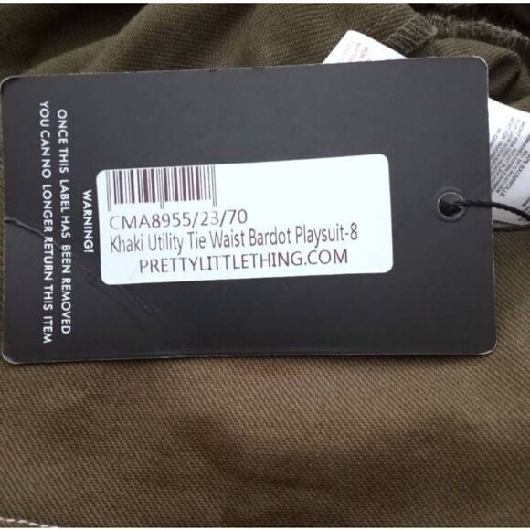 PRETTYLITTLETHING KHAKI/ARMY GREEN UTILITY TIE WAIST BARDOT ROMPER SZ.4 NWT. - Picture 9 of 11